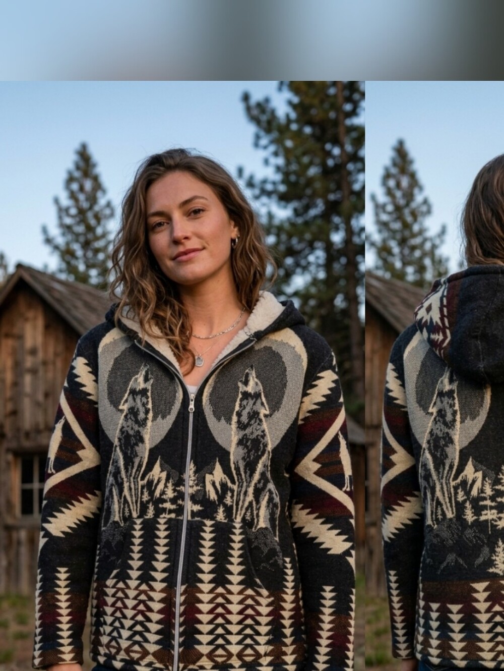 Vintage Southwestern Wolf Sherpa Lined Full Zip Hoodie Jacket Aztec Print
